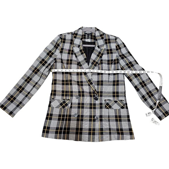 Forever 21 Women's Double-Breasted Plaid Blazer Size Medium Black/White With Yel - Picture 11 of 13